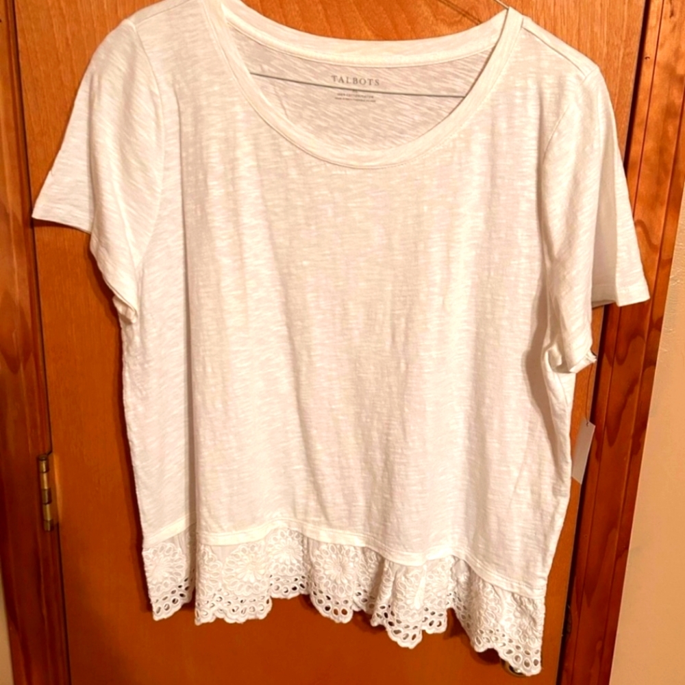 TALBOTS EYELET TRIMMED WHITE KNIT TOP NWTS XL